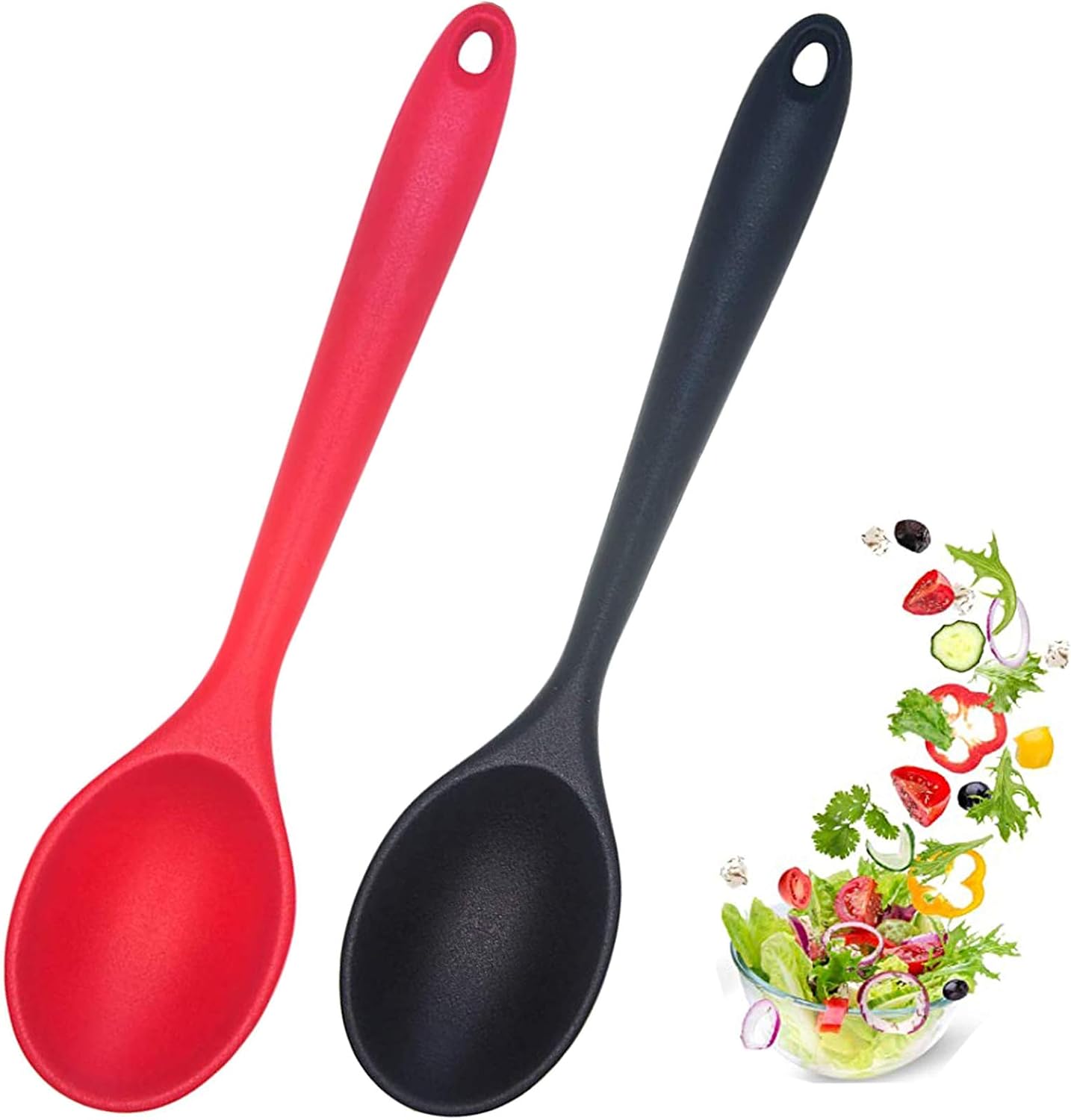 2 Pcs Silicone Nonstick Mixing Spoon, Silicone Spoons for Cooking Heat Resistant, Cooking Utensil for Kitchen Cooking Baking Stirring Serving (Black)