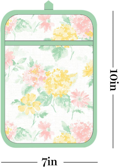 Martha Stewart Amber Floral Oven Mitt & Pot Holder Set 2-Pack, Blue/Green, OM: 7"x13" & PH: 7"x10"