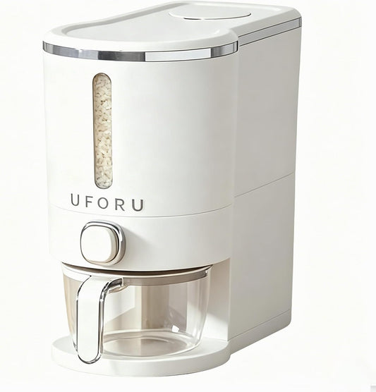 UFORU Rice Dispenser, Rice Storage Container with Measuring Cup for Kitchen Pantry Household, Dry Food Storage Containers Airtight, Sealed Moisture Proof (White 13Lbs)