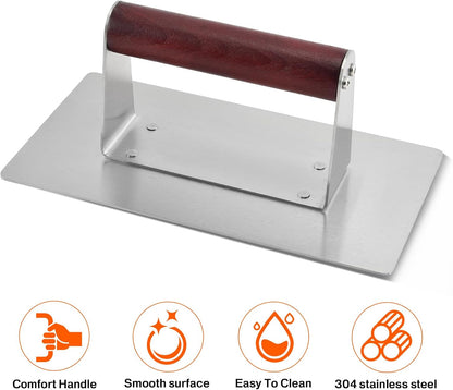 Stainless Steel Bacon Press with Heat Resistant Wood Handle, Heavy Duty Flat Meat Press for Griddle, Grill, Skillet, Prevent Bacon Curling, Perfect for Smash Burger, Sausage, Steak, Panini,8x4.2 inch