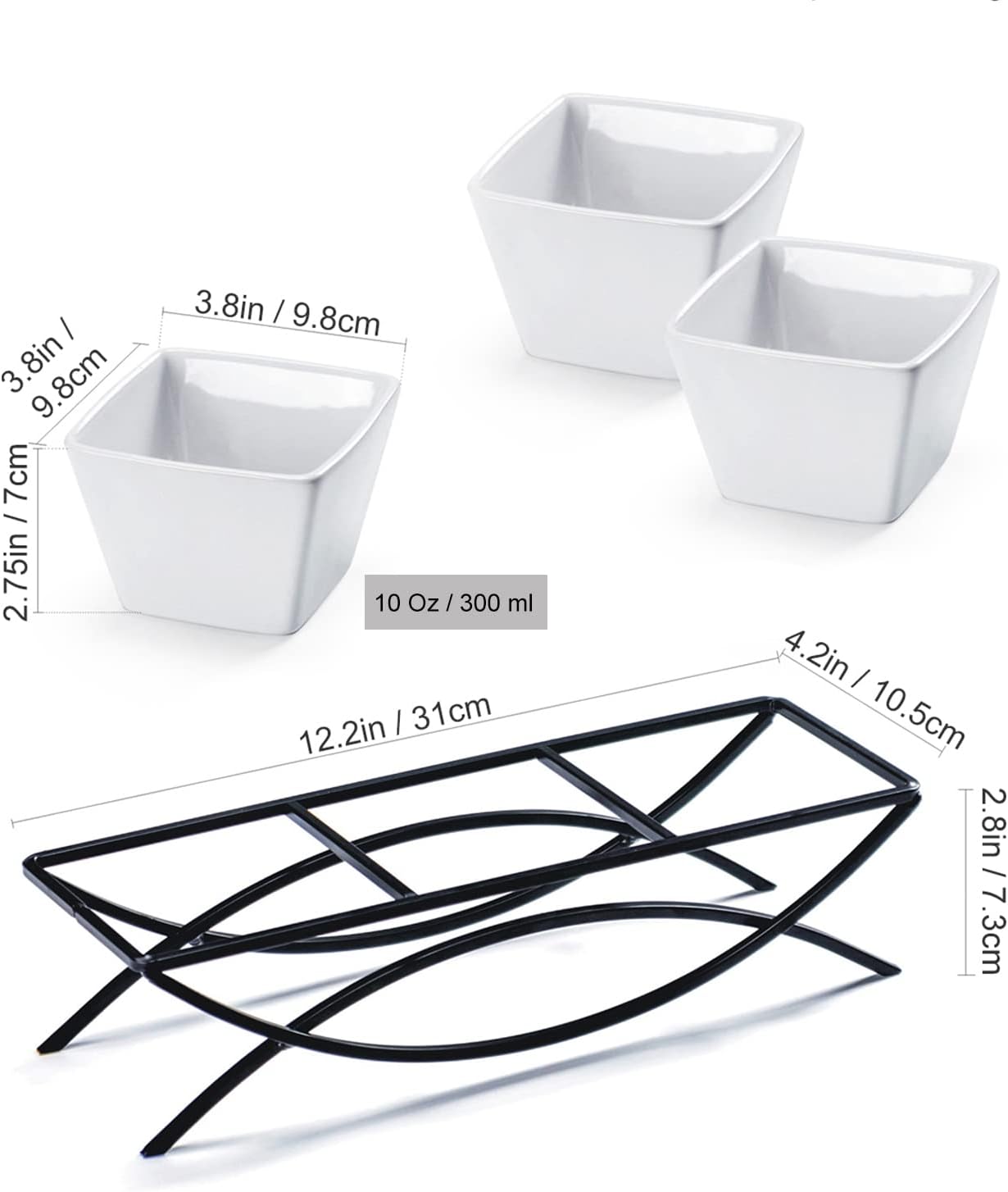 UNICASA Serving Bowls Set, 2 Tier Chip and Dip Bowls with Metal Rack Stand for Fruit, Salad, Candy, Snacks - Ceramic Tiered Appetizer Serving Dishes Food Display Stand for Parties, Kitchen