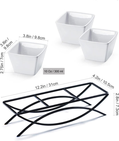 UNICASA Serving Bowls Set, 2 Tier Chip and Dip Bowls with Metal Rack Stand for Fruit, Salad, Candy, Snacks - Ceramic Tiered Appetizer Serving Dishes Food Display Stand for Parties, Kitchen