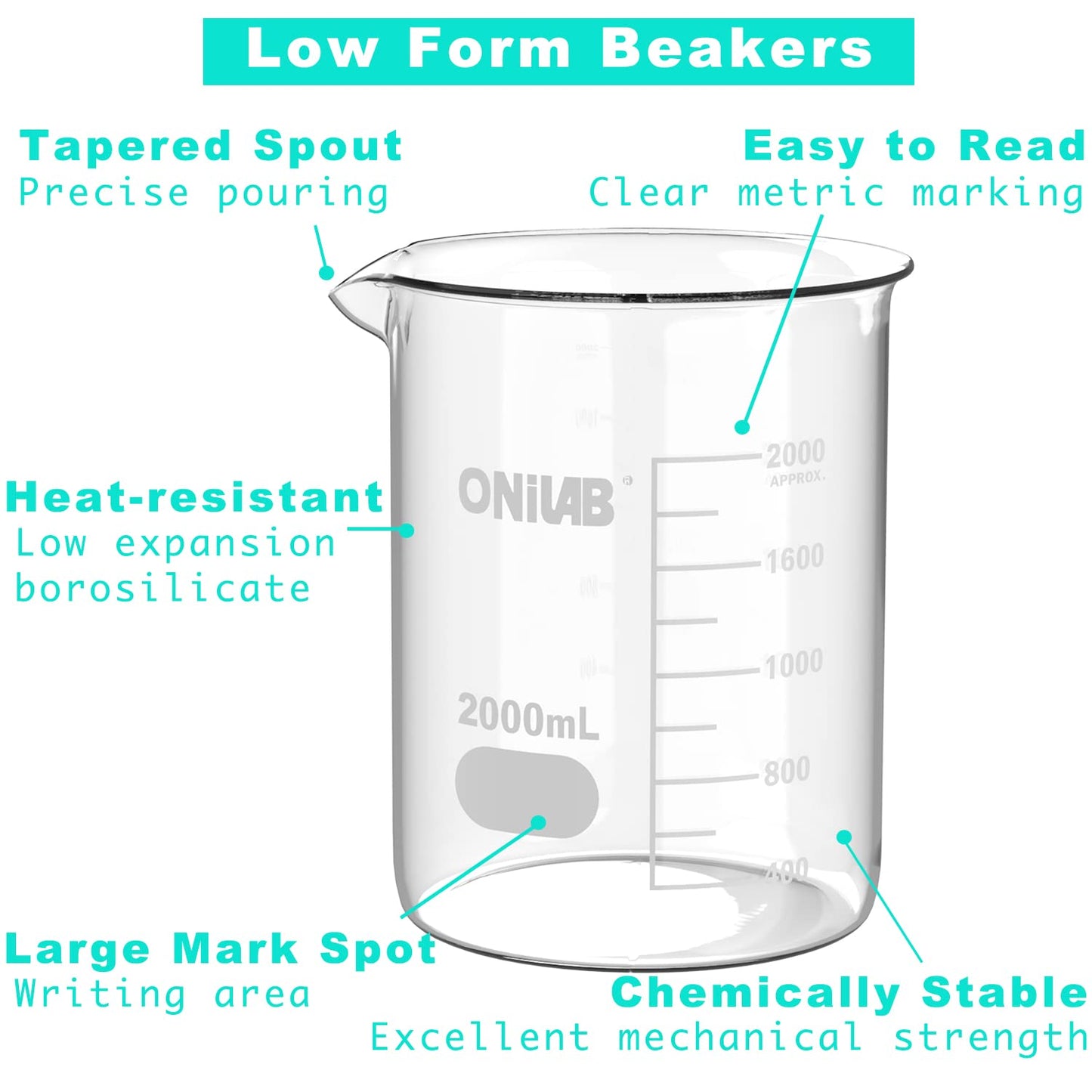 ONiLAB Glass Measuring Beaker Set 50ml 100ml 250ml (Pack of 3) 3.3 Boro Griffin Low Form with Printed Graduation Scientific Glassware for Laboratories, Classrooms or Home Use 13900244