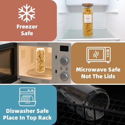 2 Pack Large Glass Flour and Sugar Storage Containers with Airtight Acacia Wood Lids and 132 Kitchen Pantey Labels Preprint - 1 Gallon Borosilicate Glass Canister Sets for Food,Pasta,Cookie,Rice
