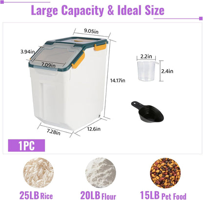 4 Pack Rice Container 25 lbs Large Bulk Flour Sugar Storage Holdhouse Plastic Grain Cereal Dry Goods Bin with Spoon and Measuring Cup for Kitchen Pantry Organization - Green