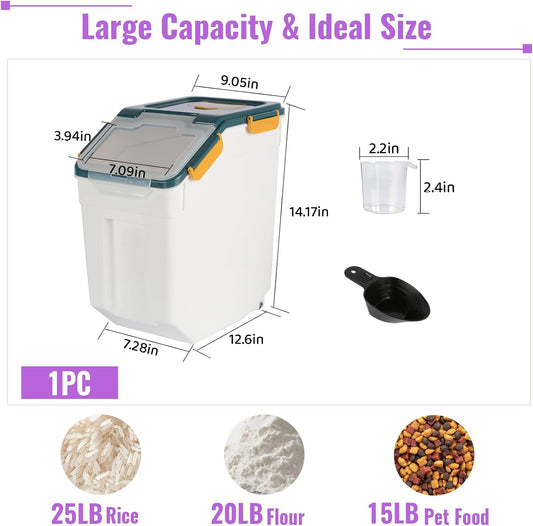 4 Pack Rice Container 25 lbs Large Bulk Flour Sugar Storage Holdhouse Plastic Grain Cereal Dry Goods Bin with Spoon and Measuring Cup for Kitchen Pantry Organization - Green