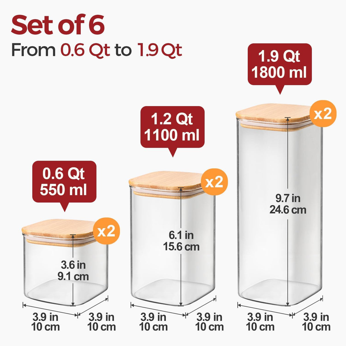 2-Pack 1 Gallon Square Glass Flour and Sugar Containers with Lids, Large Airtight Pantry Jars for Baking - Glass Canisters with Scoops & Labels for Bulk Food