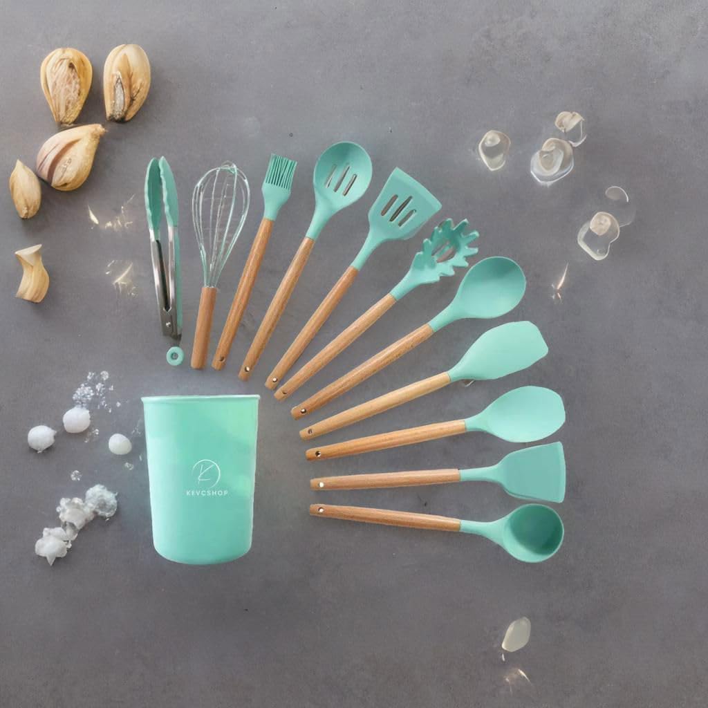 Deluxe 12-Piece Silicone Kitchen Utensils Set with Durable Cooking Tools - Heat Resistant Nonstick Cookware Essentials, Includes Spoon, Spatula, Ladle, and Utensil Set Holder (Turquoise)