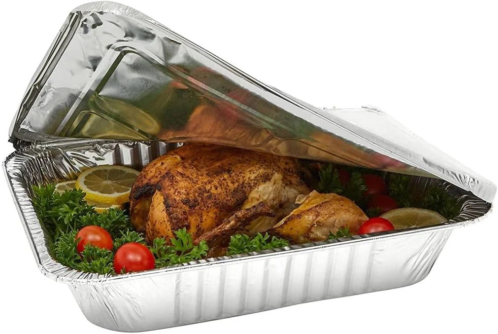 Rectangular Disposable Aluminum Pans with Clear Lids - (25 Pack/Lids), Durable Roasting Pan, Cookware, Baking, Meal Prep, Food Leftovers, Steam Table Tray, BBQ Safe & Spill Free