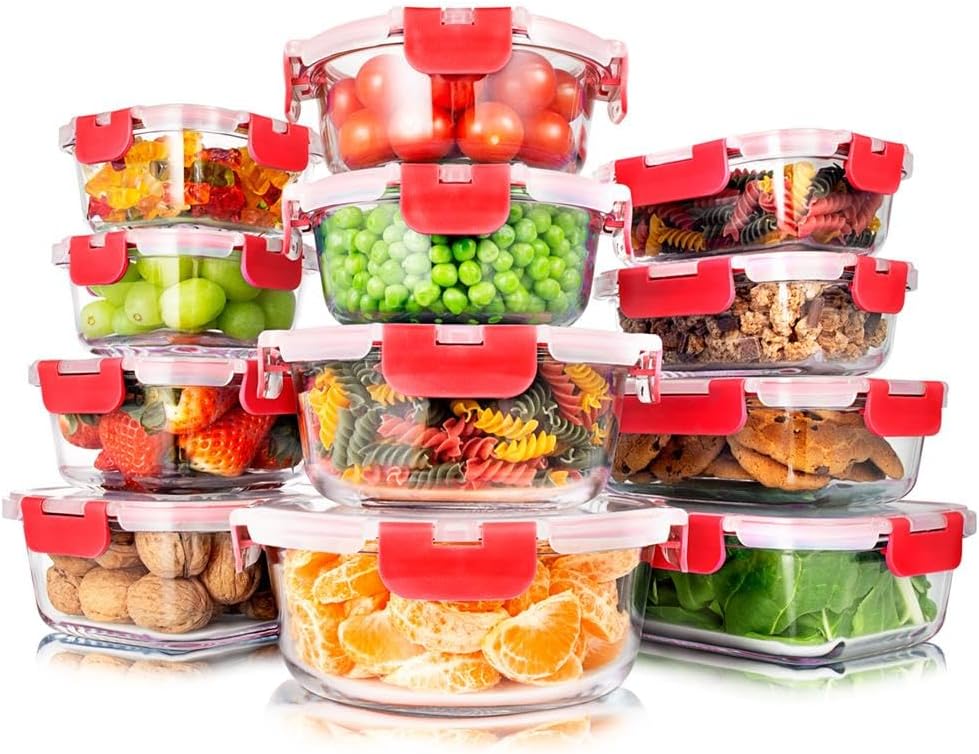 SereneLife 24 Piece Glass Storage Containers with Lids, 12 Pack Glass Meal Prep Container Set for Lunch, Kitchen Storage, Food Storage, Leak Proof, Freezer Safe and Dishwasher Safe, Blue