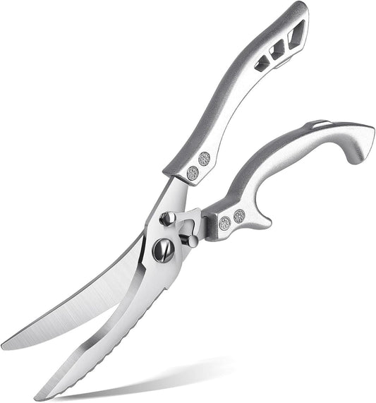 Heavy Duty Stainless Steel Kitchen Shears – Poultry Scissors; suitable for bone, meat, chicken, fish, turkey, and vegetables; spring-loaded, multi-functional, ultra-sharp, and practical