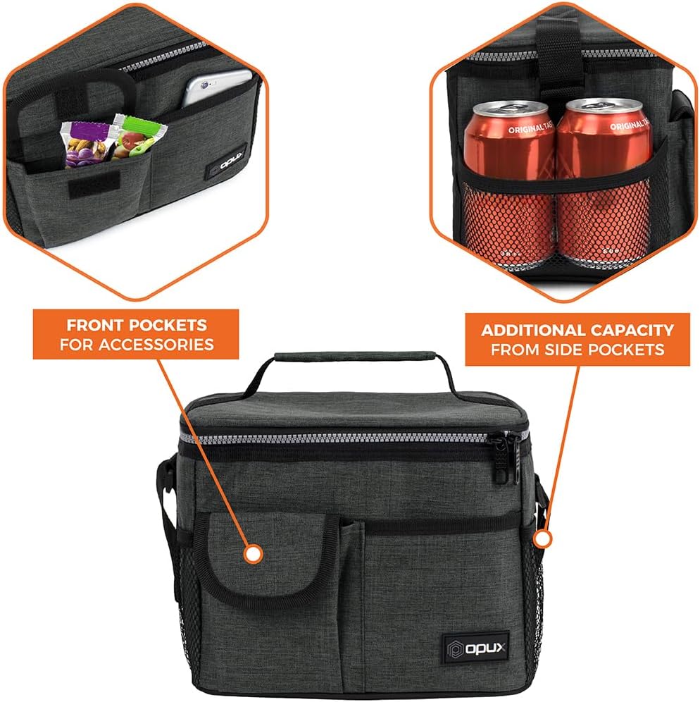 opux Insulated Lunch Bag for Men Women, Leakproof Black Lunch Box for Work, Portable Soft Lunch Cooler Bag with Shoulder Strap, Adult Lunchbox Lunch Pail for Kid Boy Girl School, 14 Can/8L