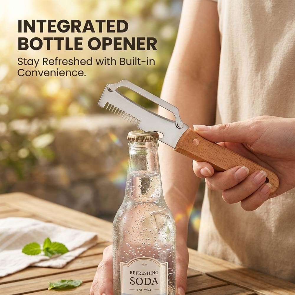 Multi-Functional Vegetable Peeler with Julienne Slicer & Bottle Opener, Stainless Steel Blade & Wooden Handle, Ergonomic Kitchen Tool for Peeling, Slicing & Shredding Fruits & Veggies (Style-A, 1PC)