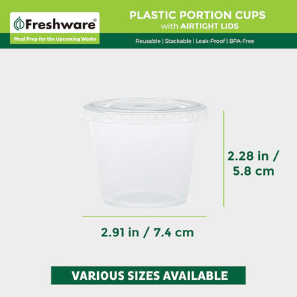 Freshware Plastic Portion Cups with Lids [2 Ounce, 200 Sets] Disposable Plastic Cups for Meal Prep, Salad Dressing, Jellos Shot Cups, Souffle Cups, Condiment and Dipping Sauce Cups