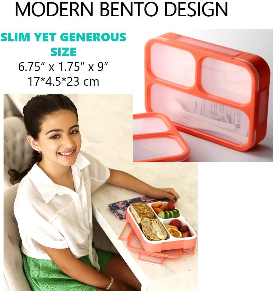 Bento Lunch Box Kids & Adults, Lunch and Snack Containers for Boys & Girls with 3 Compartments - School, Work Daycare, Meal Planning Portion Control Container, BPA-Free Boxes, Utensils, Blue 1 pack