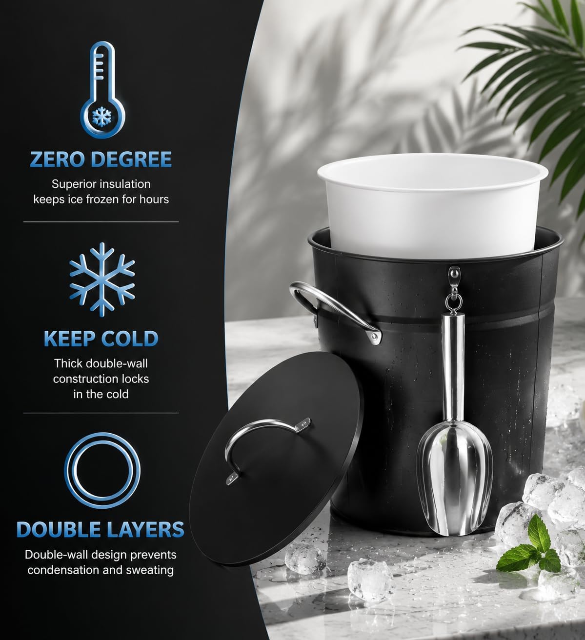 3Qt Black Galvanized Ice Bucket with Lid, Scoop & Handles - Ideal for Cocktails, Parties, BBQs, Wine & Champagne. Double-Layer Insulated Outer & Galvanized Inner Layer, Perfect for Home & Outdoor Use