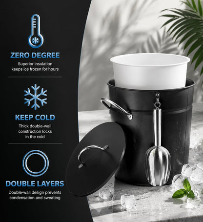 3Qt Black Galvanized Ice Bucket with Lid, Scoop & Handles - Ideal for Cocktails, Parties, BBQs, Wine & Champagne. Double-Layer Insulated Outer & Galvanized Inner Layer, Perfect for Home & Outdoor Use