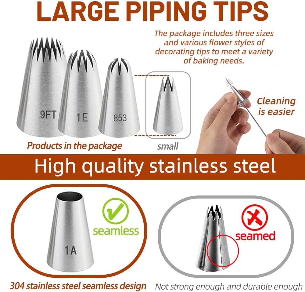 9PCS Large Piping Tips with brush,Sturdy Cake Piping Tip for Cookie Cupcake
