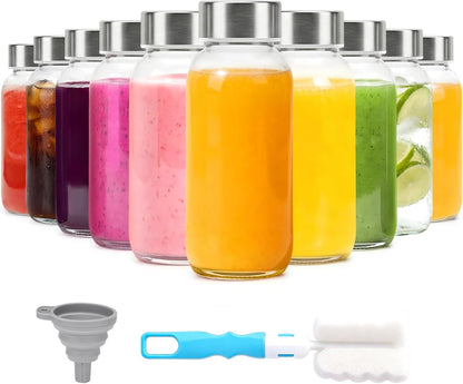 Clear Glass Bottles with Lids 18 oz, Reusable Glass Water Bottles with Stainless Steel Cap for Refrigerator, Juicing, 100% Leak Proof, BPA Free, Juice Bottle Drinking Jar Containers Set of 6
