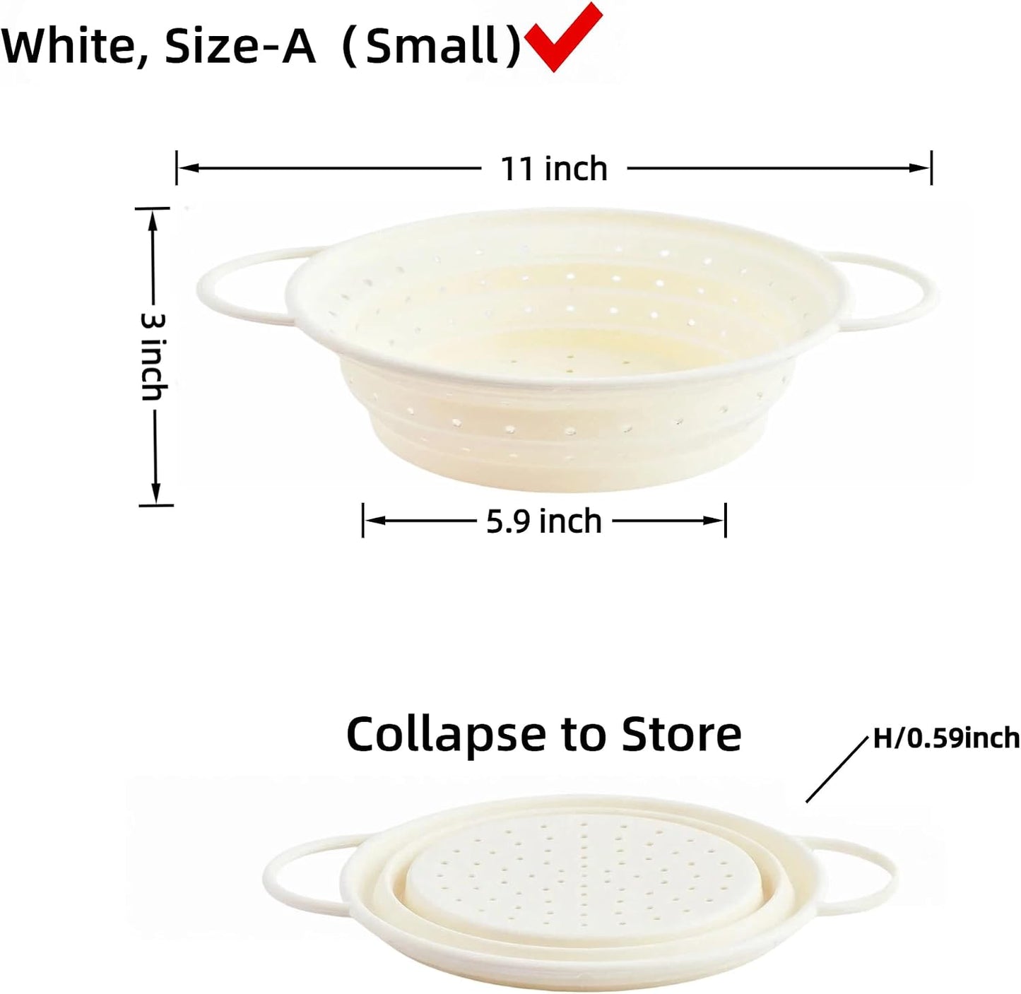 Collapsible Silicone Colander with Handles, Round Strainer with Stainless Steel Rim, Space Saving Kitchen Tool for Fruits & Vegetables,BPA-Free,Heat-Resistant Pasta Drainer(White, L)