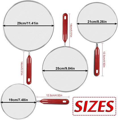 Splatter Screen for Frying Pan, Classic Splatter Screens, Splatter Guard Mesh Stainless Steel Grease Guard Shield with Comfort Grip Handles Set of 4: 11.5", 9.8", 8.3", 7.5'' (29,25,21,19 cm)