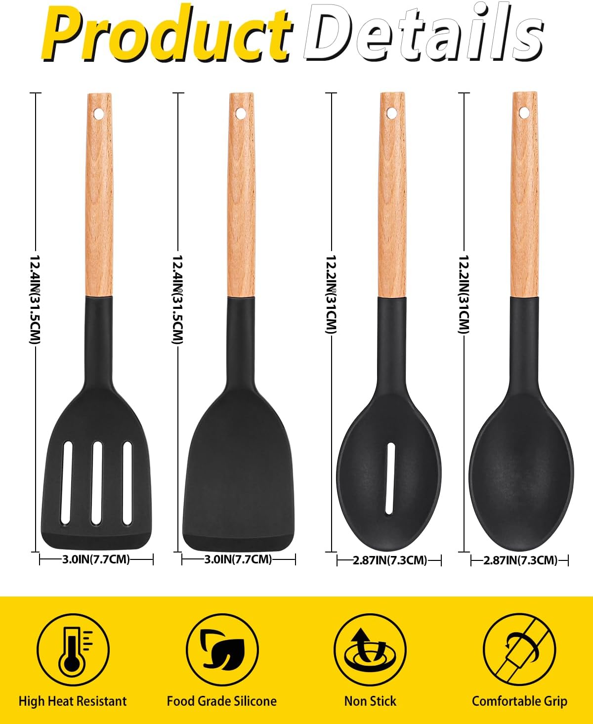 Pack of 4 Silicone Cooking Utensils Set, Non Stick Solid Spatulas and Heat Resistant Slotted Spoons with Wooden Handle, Ideal Wood Kitchen Utensils Set for Frying,Serving,Turning,Stirring (KHAKI)