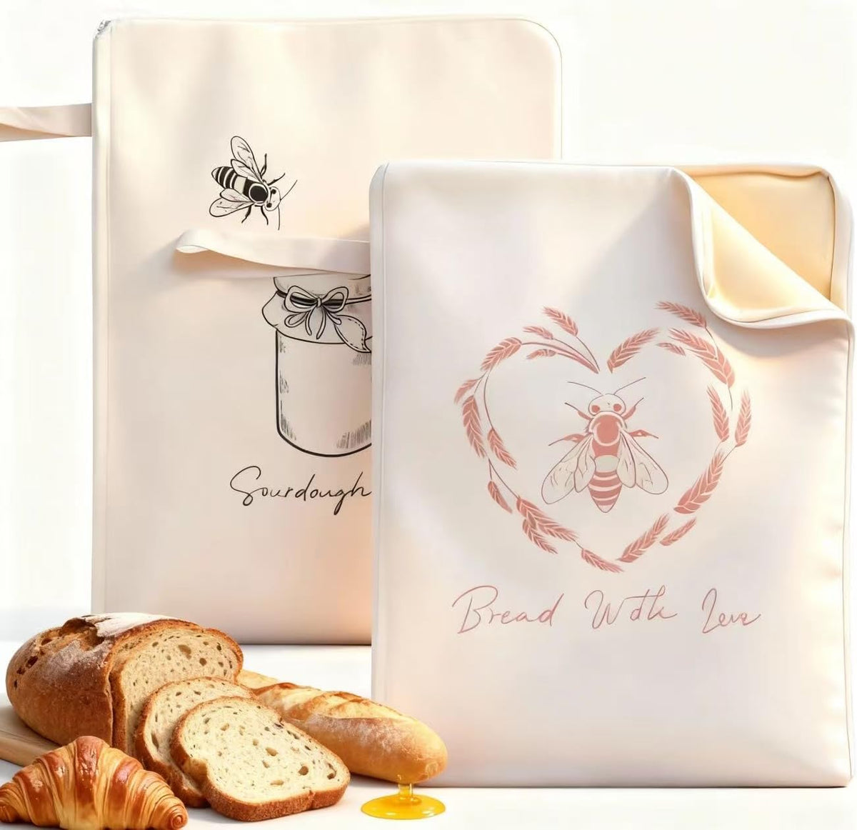Wide Zipper Access Cotton &Beeswax Bags for Homemade Bread 2 Pack XL Reusable Beeswax Bread Bags for Homemade Bread Freezer Organic Cotton Food Storage Bags to Keep Fresh