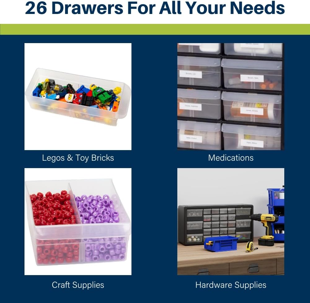 Akro-Mils 44-Drawer Plastic Drawer Storage Cabinet for Garage Organization, Bead Organizer, Building Bricks Storage, Teacher Toolbox, Makeup Organizer, 20" W x 6" D x 16" H, 10144 Black
