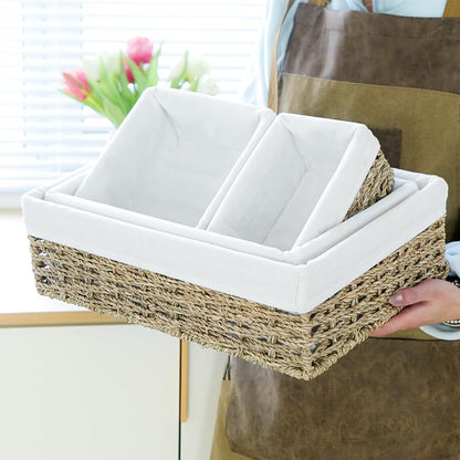 Water Hyacinth Shelf Baskets 4-Pack, Handwoven Wicker Bins with Removable Linen Liners – Divided Upper Compartment & Open Handles, Stackable for Pantry Bathroom Closet