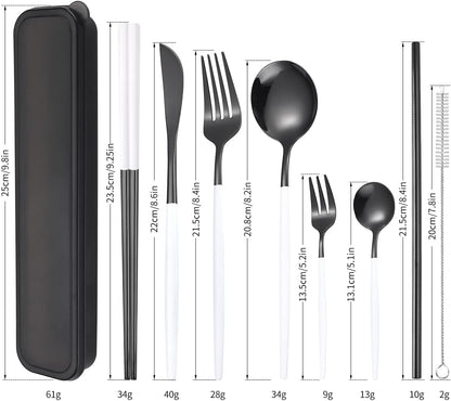 AARAINBOW 8 Pieces Stainless Steel Flatware Set Portable Reusable Cutlery Set Travel Utensils Set Including Chopsticks Knife Fork Spoon Straws Cleaning Brush Dishwasher Safe (Pink Golden)