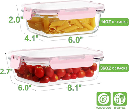 10 Pack Borosilicate Glass Meal Prep Containers with Locking Lids, Glass Food Storage Containers Set, Airtight Lunch Bento Boxes, BPA-Free & Leak Proof, 36oz & 14oz, Freezer, Oven Safe-Pink
