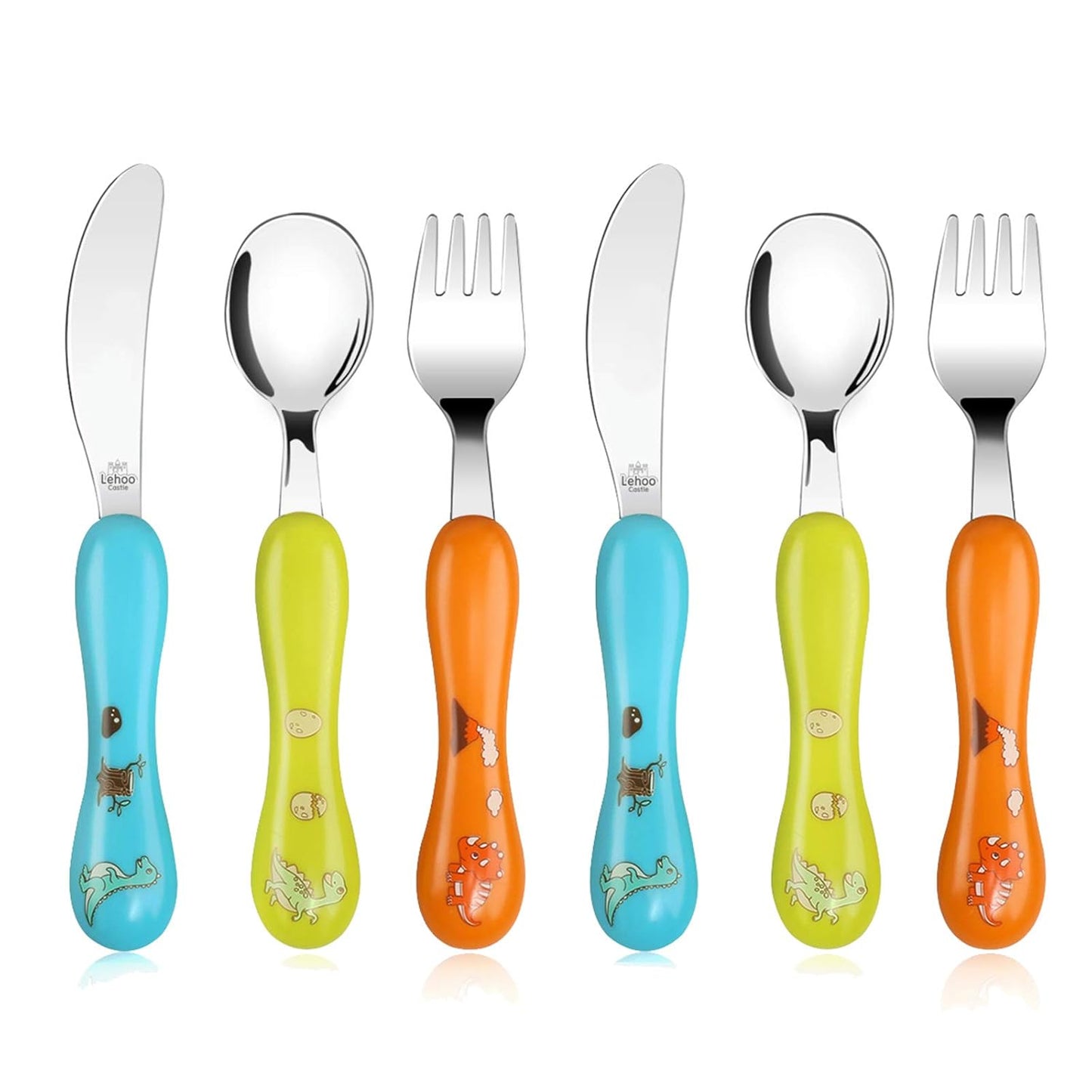 Lehoo Castle 6 Pieces Toddler Utensils, Kids Silverware for 2 3 4 Years Old, Stainless Steel Fork and Spoon Set with Plastic Handle, Safe Toddler Cutlery (Dinosaur)