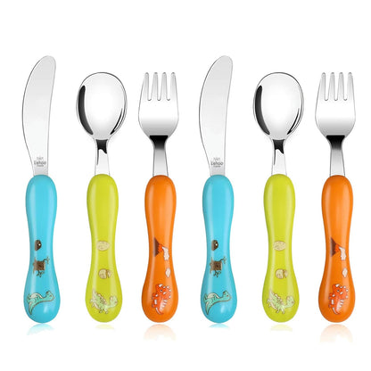 Lehoo Castle 6 Pieces Toddler Utensils, Kids Silverware for 2 3 4 Years Old, Stainless Steel Fork and Spoon Set with Plastic Handle, Safe Toddler Cutlery (Dinosaur)