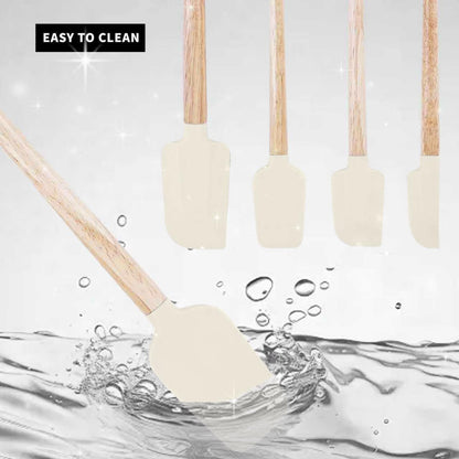 Ptanexx 5-Pcs Wooden Handle Silicone Spatula Set - Heat Resistant up to 428°F.Baking Spatulas for Batter Mixing, Cooking, Jar Scraping, Frosting & More | BPA FREE Gadgets for Non-Stick Cookware