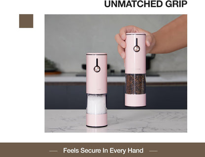 Stainless Steel Rechargeable Electric Salt and Pepper Grinder Set – USB Charging, One-Hand Electric Mill, Adjustable Coarseness, LED Light & Dust Cover –2pack(Greige & Buttercream)