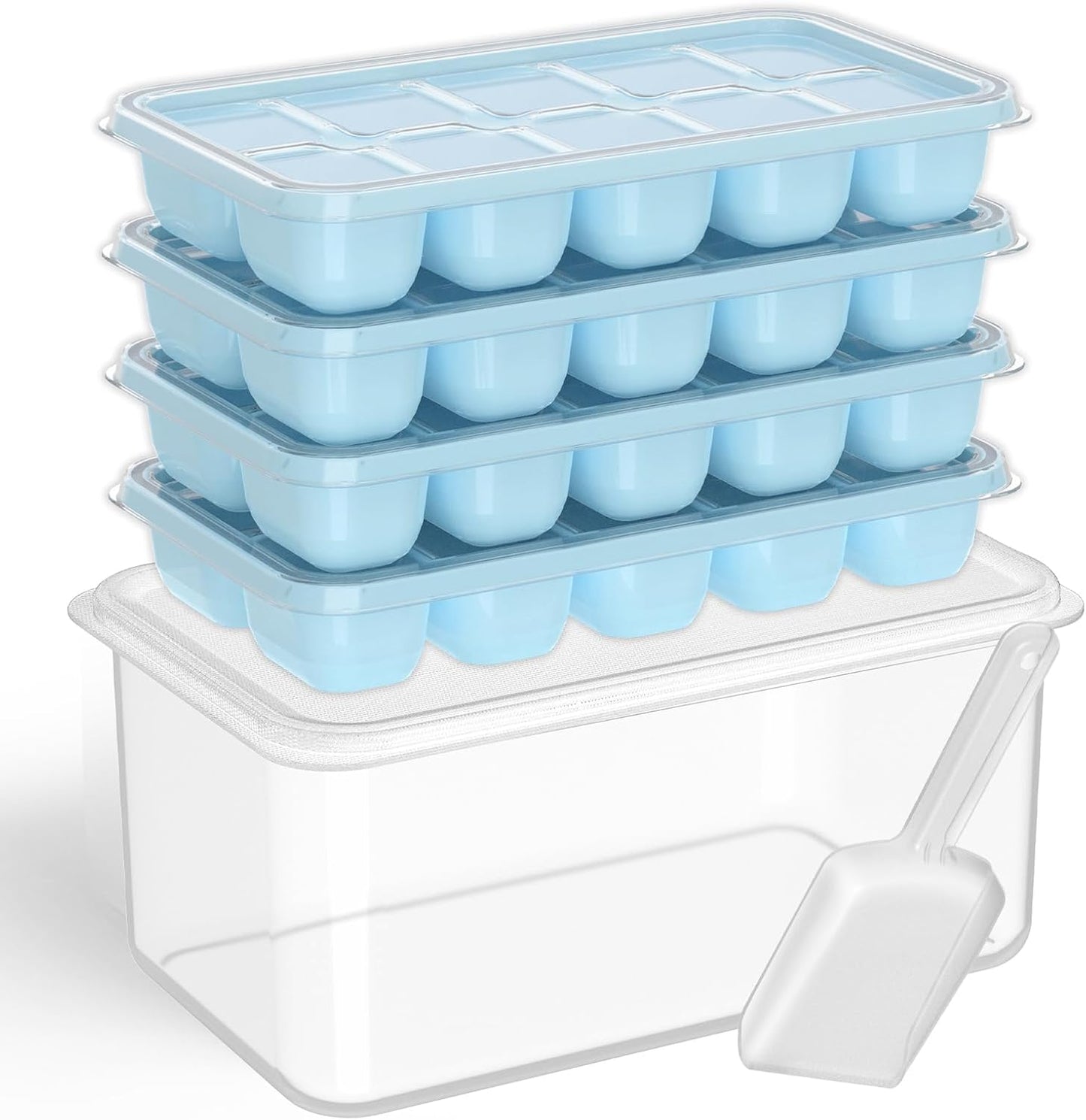 DOQAUS Ice Cube Tray with Lid and Bin - 4 Pack Silicone Ice Cube Trays for Freezer, Stackable Ice Bucket Kits with Storage Container & Scoop for Kitchen, RV, Cocktail, Coffee