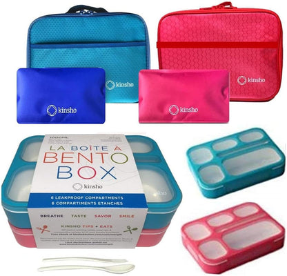 kinsho Lunch Box for Kids Boys Girls - Bento Box Set with Insulated Bag and Ice Pack, 6 Compartment Leak Proof Food Container, BPA-Free, Microwave Safe, Ideal for School & Work, Teal