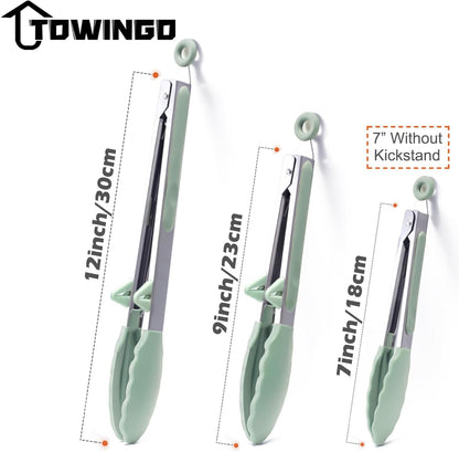 Silicone Tongs for Cooking, 3Pcs Stainless Steel Kitchen Tong with Silicone Tips, Heat Resistant Food Grade Small Serving Tong for BBQ Salad, Blue(7"+9"+12")