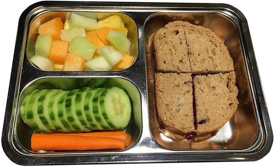 Set of 2 Stainless Steel Rectangular Divided Plates Tray 5 Sections Dinner Plates for Adults - Unbreakable Metal Plate for Campers, and Portion Control Reusable Plate