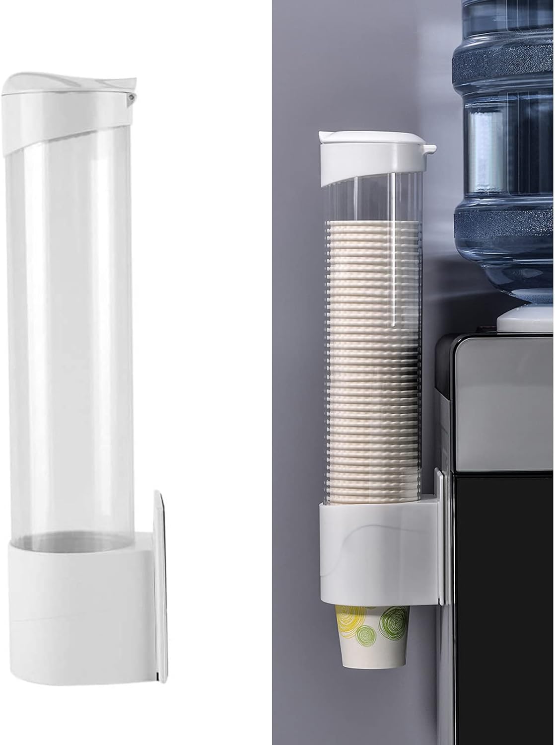Cup Dispenser Wall Mounted Plastic Water Dispenser Disposable Cup Holder Rack, Paste or Screw Plate Mountable for Paper Cups Halloween Party Supplies(L, White)
