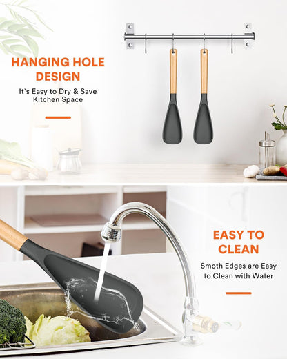 Cooking Spoon for Nonstick Cookwares, Great for Cooking and Serving Sturdy BPA-Free Matte Silicone, Wood Handle Spoon for Mixing, Scoop, and Scrape (Black & Grey, 11.4 inch)