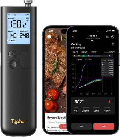 Typhur Sync Gold Gen2 Sub-1G Wireless Meat Thermometer with 6 Sensors & LCD