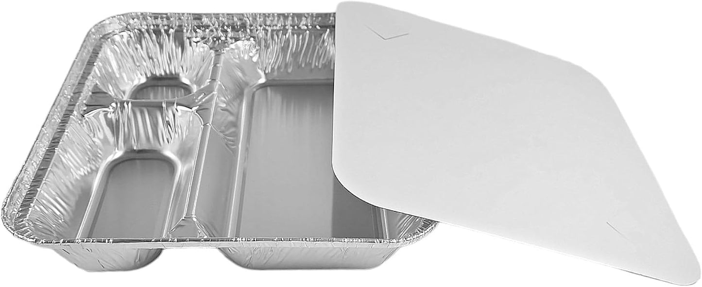 PACTOGO Large 3-Compartment Oblong Aluminum Foil Take-Out Pan Senior Feeding TV Dinner Entrée Tray w/Board Lid (Pack of 10 Sets)