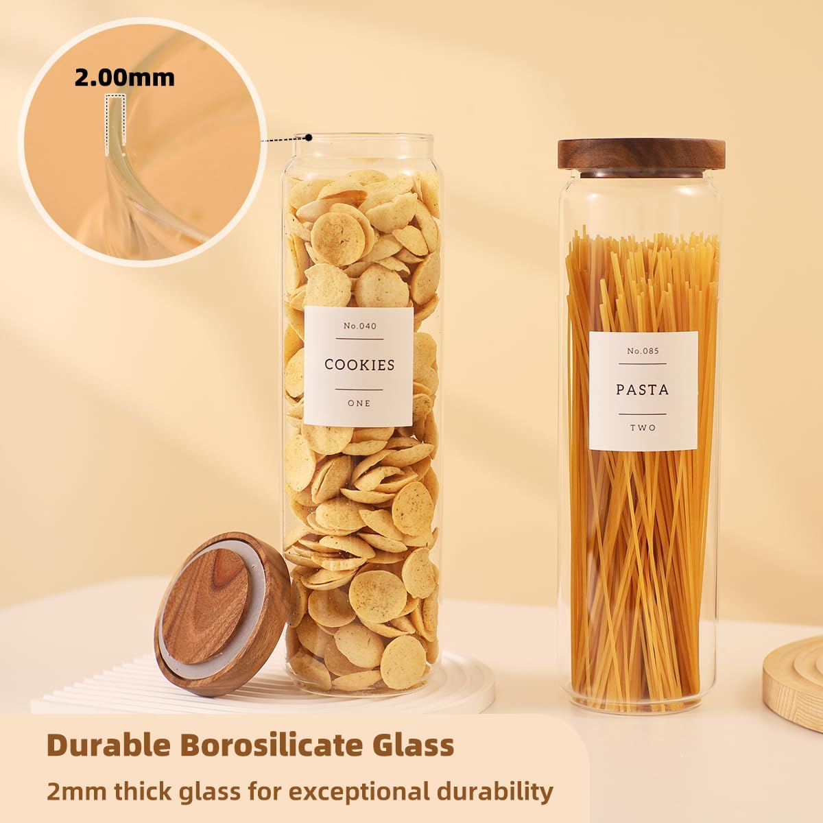 2 Pack Large Glass Flour and Sugar Storage Containers with Airtight Acacia Wood Lids and 132 Kitchen Pantey Labels Preprint - 1 Gallon Borosilicate Glass Canister Sets for Food,Pasta,Cookie,Rice