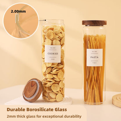 2 Pack Large Glass Flour and Sugar Storage Containers with Airtight Acacia Wood Lids and 132 Kitchen Pantey Labels Preprint - 1 Gallon Borosilicate Glass Canister Sets for Food,Pasta,Cookie,Rice