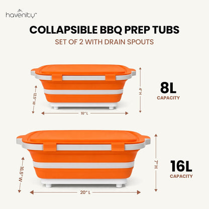 BBQ Prep Tub 2 Pack (8L+8L) - Multifunctional Collapsible Camping Cutting Board with Upgraded Locking Lid, Meal Prep Meat Storage Container Perfect for Grilling, Outdoor Cooking (Large x 2)