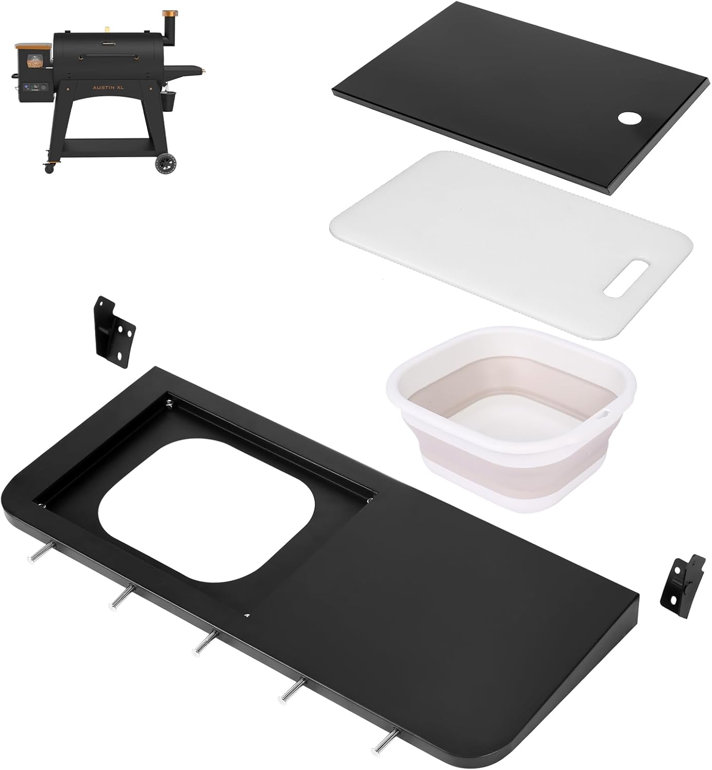 QuliMetal Folding Front Shelf for Traeger Pro 34, Texas Elite 34, Century 885 and Eastwood 34, 37" x 12" Heavy-Duty Grill Prep Table with Cutting Board, Stainless Steel Basin, Lid and 5 Hooks