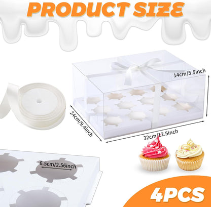JCD 4 Pack Clear Cupcake Boxes, Plastic Cupcake Containers with Gift Ribbon, 5.5inches height Holder 6 Count Cup Cake Boxes for Parties, Baking, Wedding, Transport (6count/4pcs)