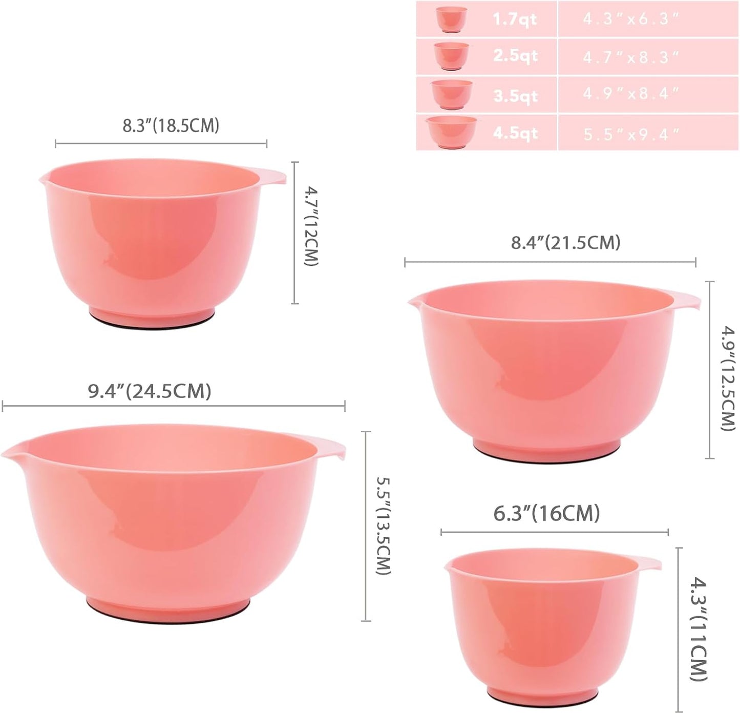 BoxedHome Nesting Plastic Mixing Bowl Set With Pour Spout, Microwave and Dishwasher Safe, BPA free Non-Slip Base, Set of 4 Size 1.7, 2.5, 3.5 and 4.5qt, Great for Prepping, Baking, Cooking (Dark Blue)
