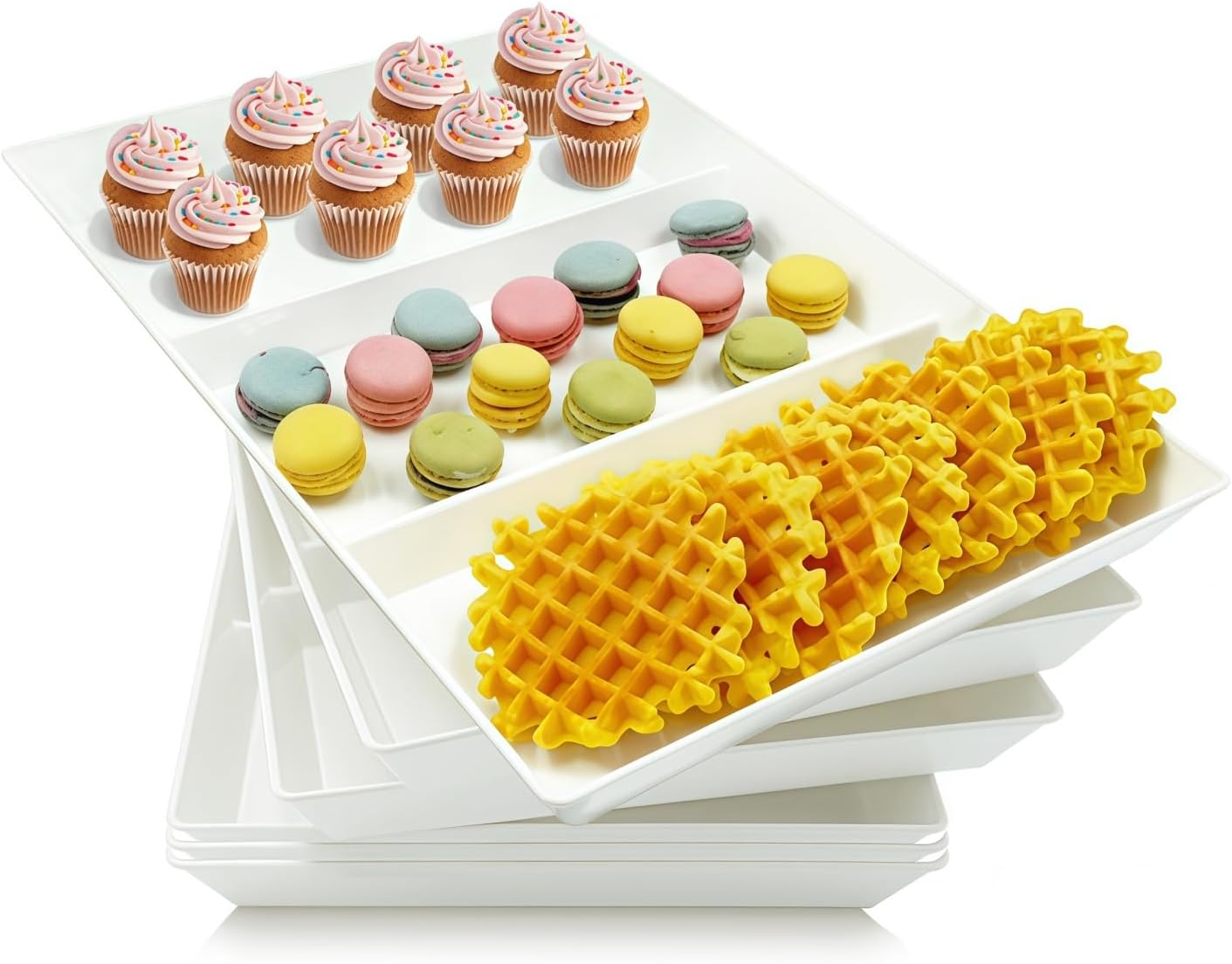 Divided Serving Tray Platter, 4 Pack 15" x 10" Fruit Veggie Food Tray for Party, Plastic Serving Trays for Appetizer, Snack, Dessert, Cookie, Brunch Decorations Platters, White Trays BPA-Free